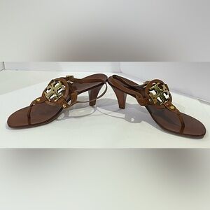 Tory Burch Miller Tan Leather Kitten Heel Sandals 8 1/2 EUC